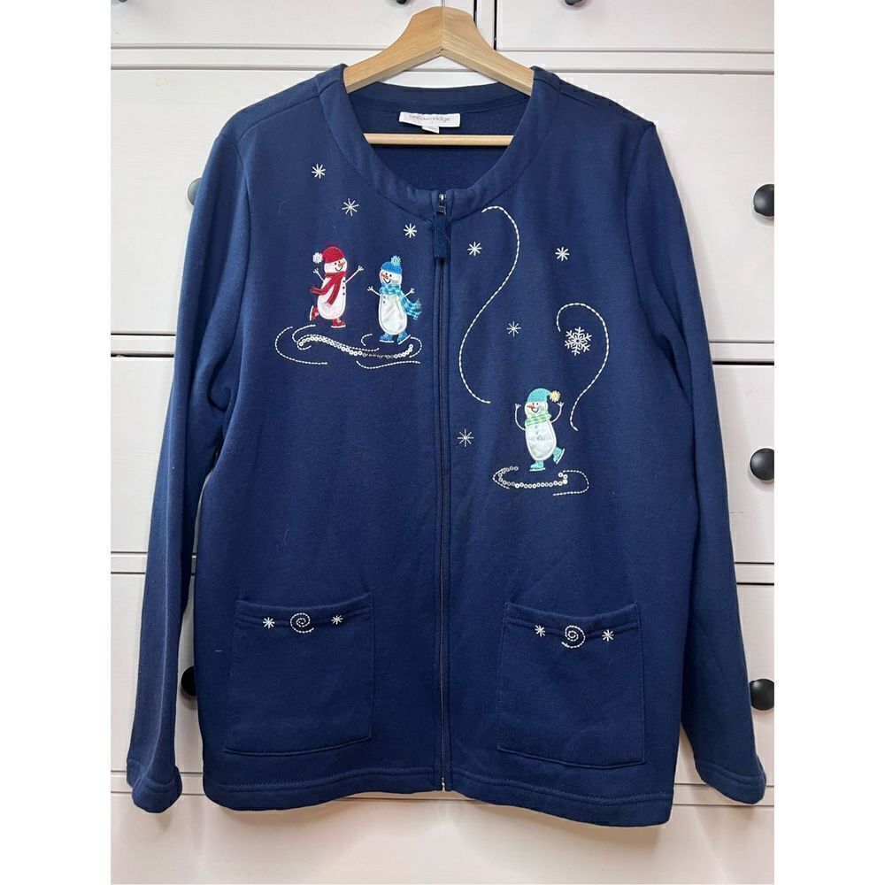 Breckenridge ugly Christmas cardigan sweater Top Blue Size XL Pockets Snowmen